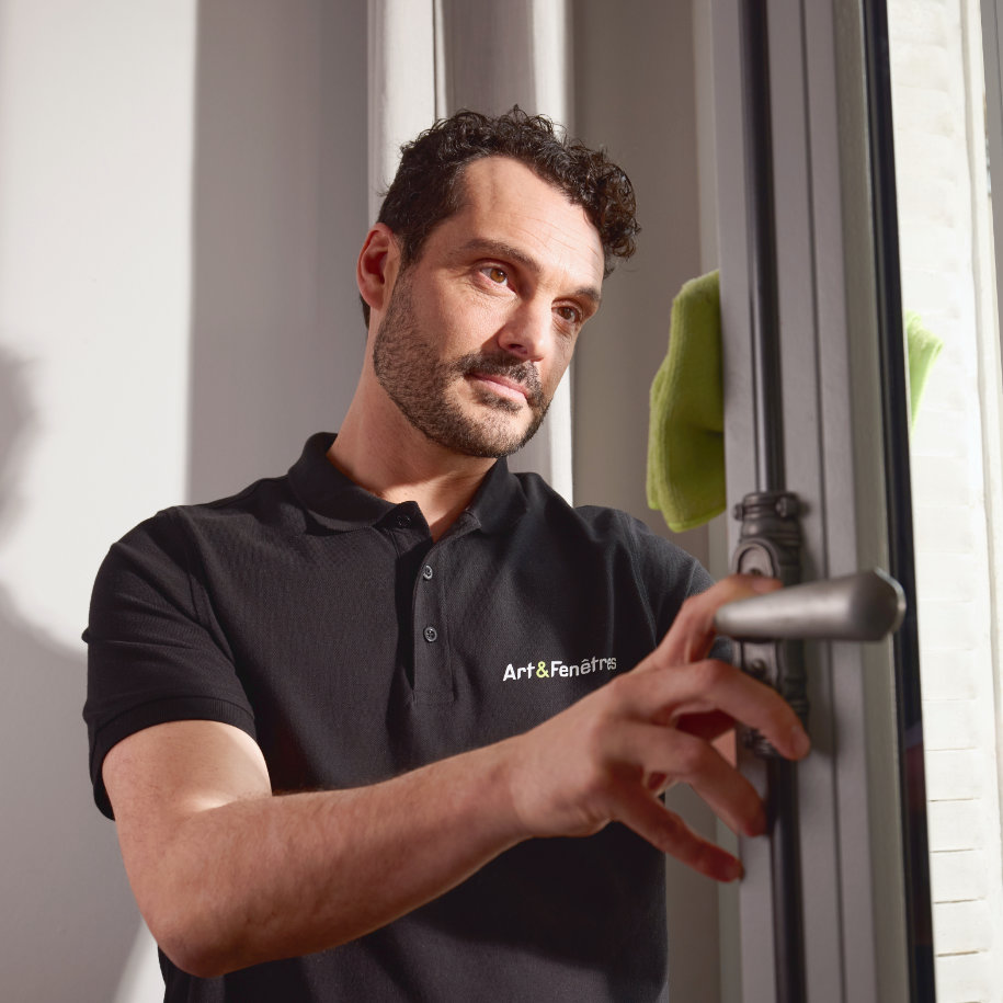 Artisan souriant à côté d'une fenêtre