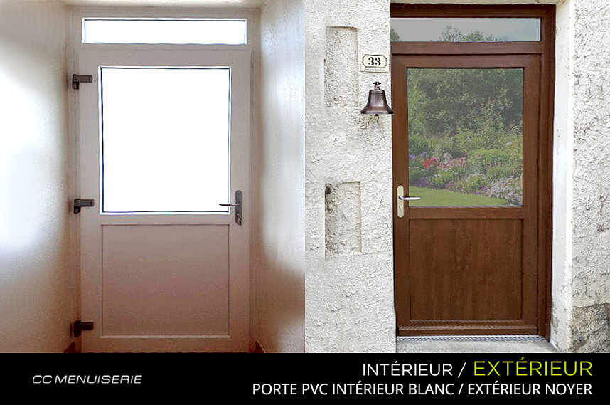 Porte d'Entrée PVC blanc et Noyer