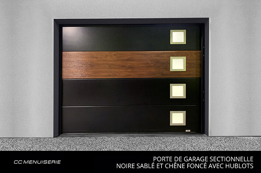 Porte de Garage Sectionnelle NOIR SABLÉ ET HUBLOTS