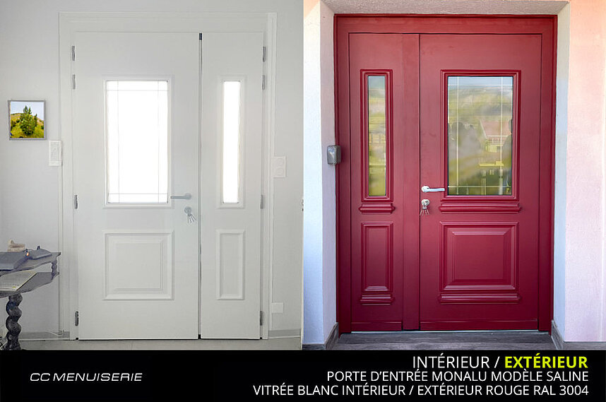 Porte d'entrée Monalu modèle Saline Extérieur rouge ral 3004 - Intérieur blanc vitrée