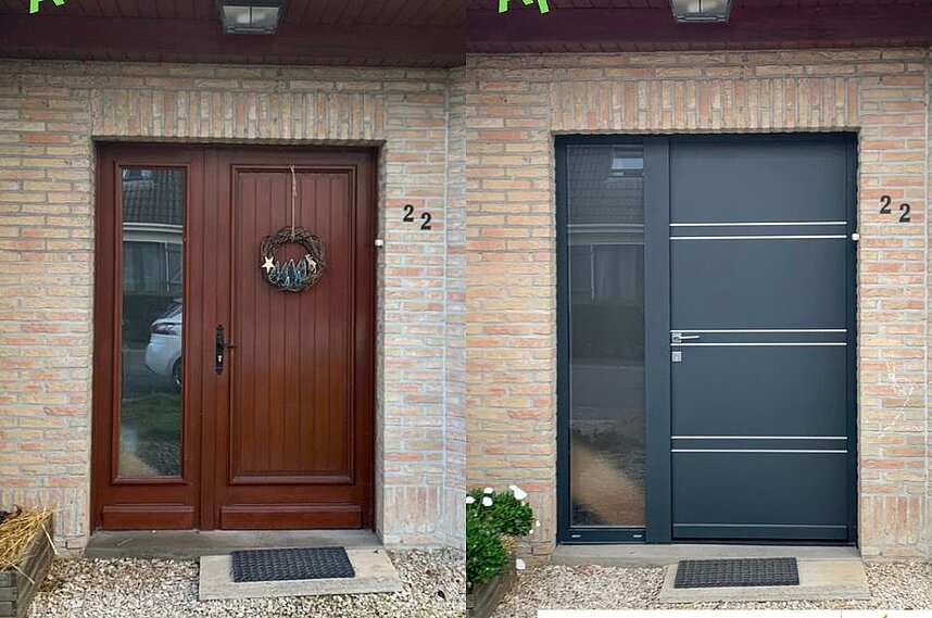 Porte d'entrée Monalu Latitude avec son imposte latérale en gris anthracite.