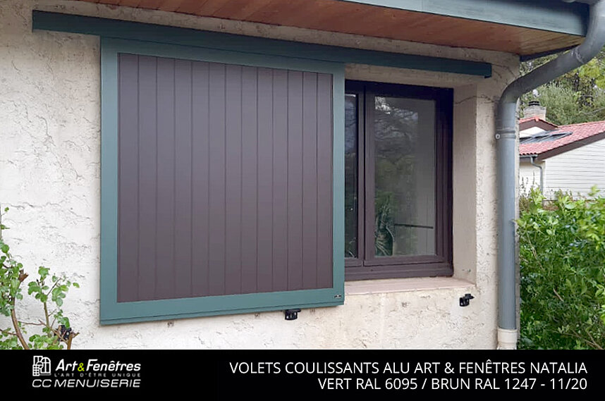 Volets Coulissant ALU Art & Fenêtres Natalia Vert RAL 6095 / Brun RAL 1247